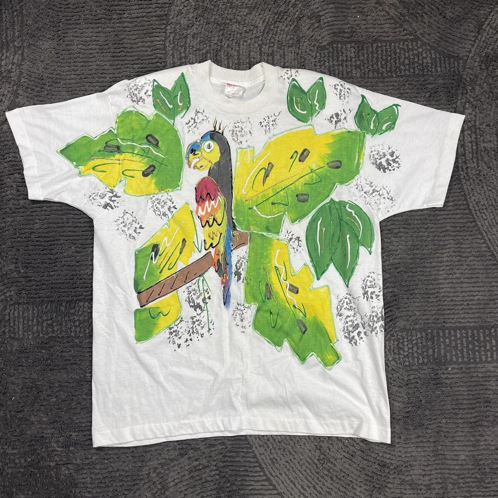 Vintage Wetpaint Single Stitch OSFA Parrot Tropical Graphic White T-Shirt USA‎